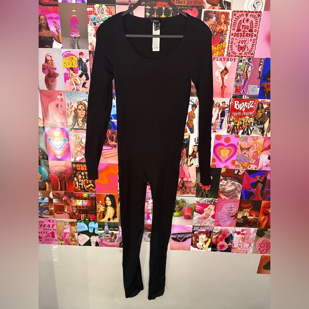 Forever 21 Black Ribbed Knit Jumpsuit - Long Sleeve